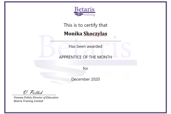 Betaris Apprentice of the month, Monika Skoczylas, University of Oxford